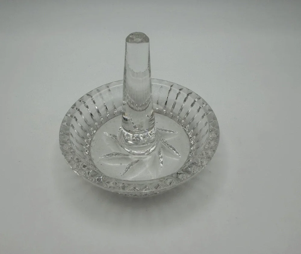Etched Crystal Glass Jewelry Ring Holder Trinket Dish Pinwheel Design